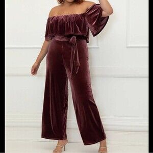 ELOQUII ELEMENTS Purple Velvet Off The Shoulder Waist Tie Jumpsuit Size 18